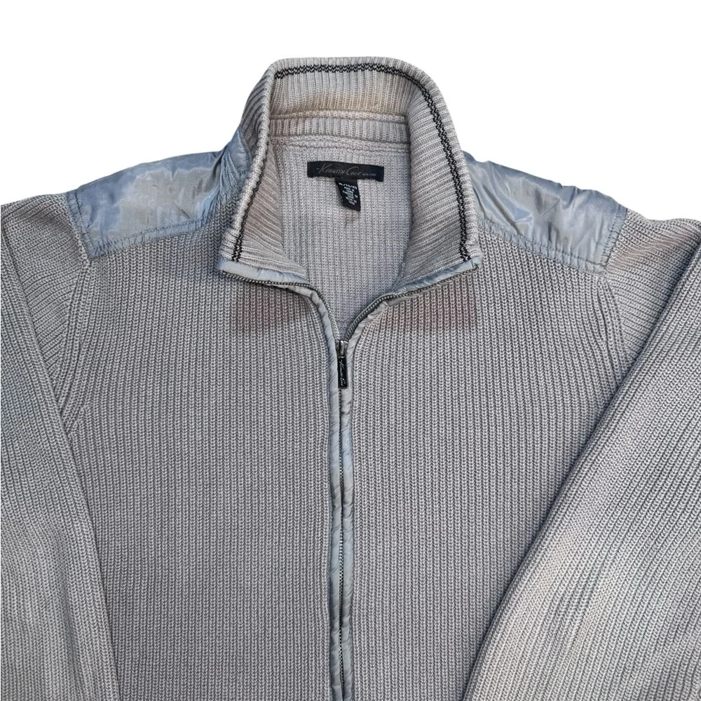 Kenneth Cole New York Gray Zip-Up Ribbed knit Sweater Fisherman Grandpa Core